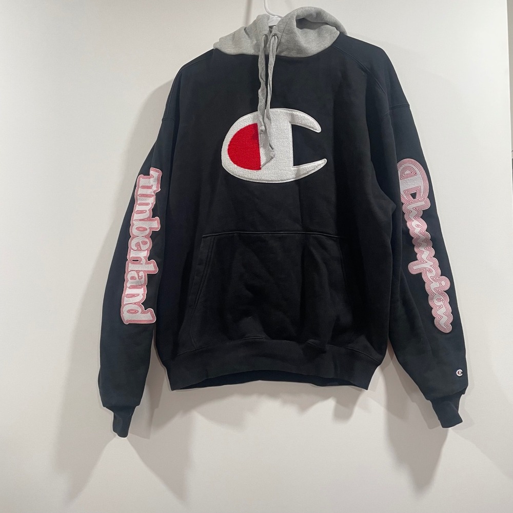 Champion x Timberland Mens Large Black‎ Grey Chenille Logo Hoodie S2202 003